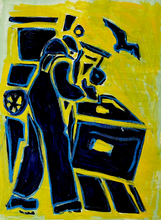 Load image into Gallery viewer, Acrylic on Heavy Paper Lobsterman Yellow/Blue